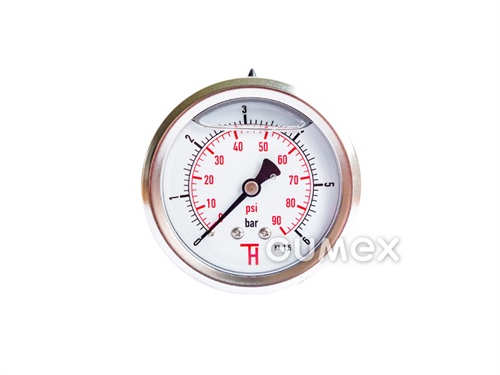 Manometer glycerínový so zadným vývodom, priemer 63mm, vonkajší závit G 1/4", 0-6bar, trieda presnosti 1,6%, priezor akryl, púzdro nerezová oceľ, -40°C/+60°C